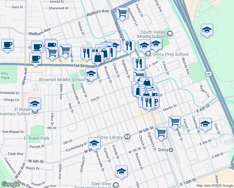 map of restaurants, bars, coffee shops, grocery stores, and more near 7701 Church Street in Gilroy