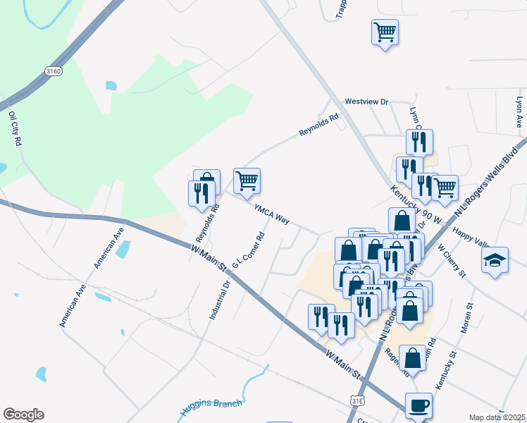 map of restaurants, bars, coffee shops, grocery stores, and more near 301-309 Ymca Way in Glasgow