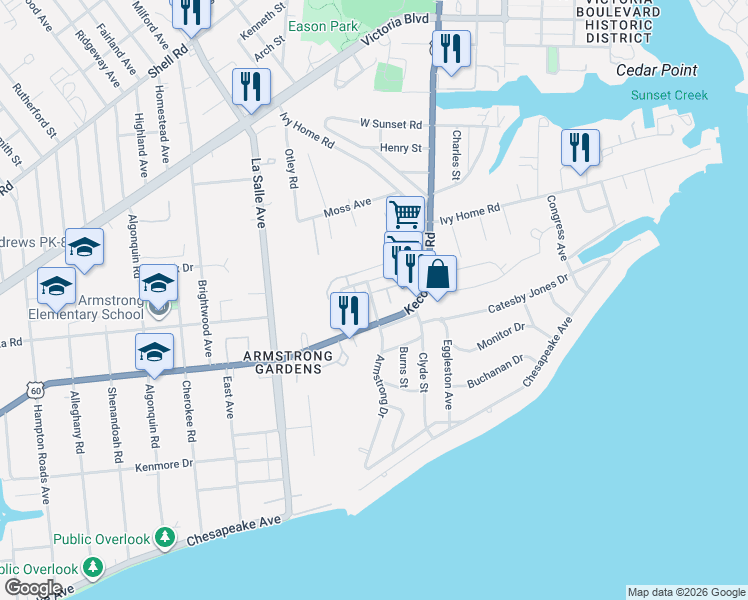 map of restaurants, bars, coffee shops, grocery stores, and more near 3785 Kecoughtan Road in Hampton