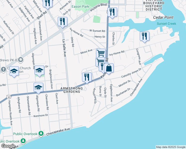 map of restaurants, bars, coffee shops, grocery stores, and more near 3785 Kecoughtan Road in Hampton