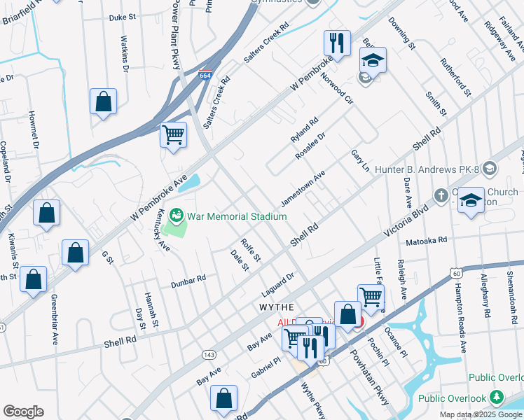 map of restaurants, bars, coffee shops, grocery stores, and more near 704 Powhatan Parkway in Hampton