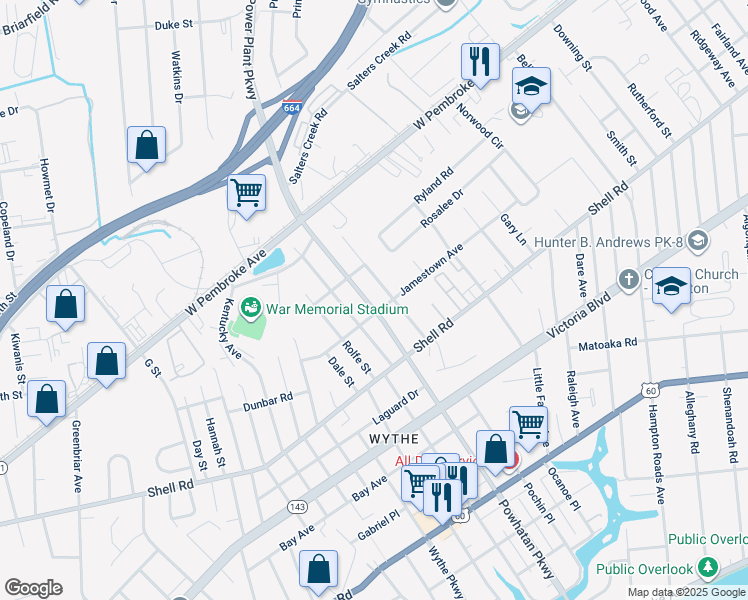 map of restaurants, bars, coffee shops, grocery stores, and more near 704 Powhatan Parkway in Hampton