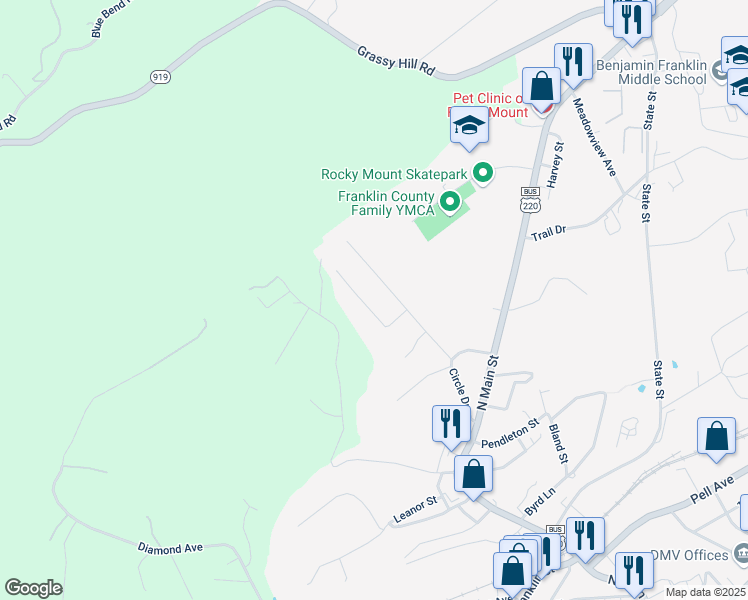 map of restaurants, bars, coffee shops, grocery stores, and more near 130 Windy Lane in Rocky Mount