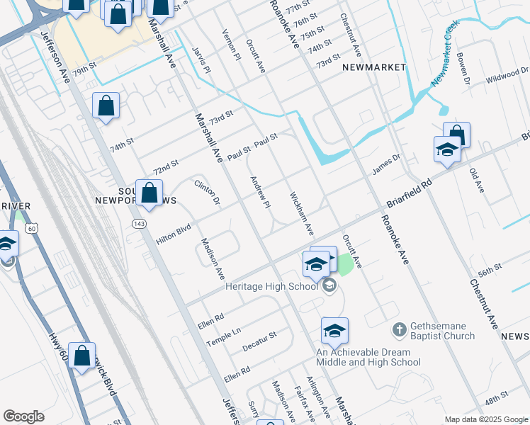 map of restaurants, bars, coffee shops, grocery stores, and more near 5913 Andrew Place in Newport News