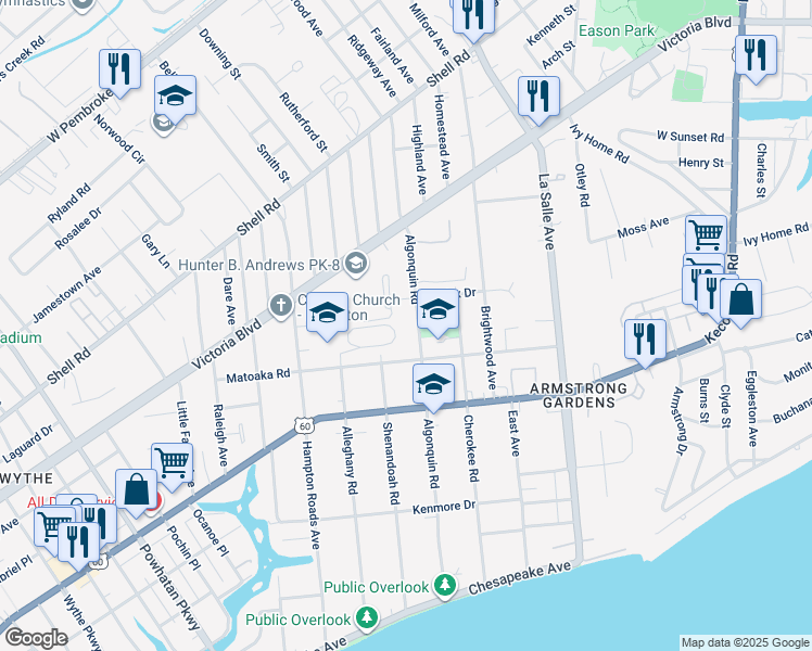 map of restaurants, bars, coffee shops, grocery stores, and more near 331 Algonquin Road in Hampton