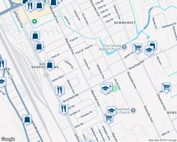 map of restaurants, bars, coffee shops, grocery stores, and more near 5913 Andrew Place in Newport News