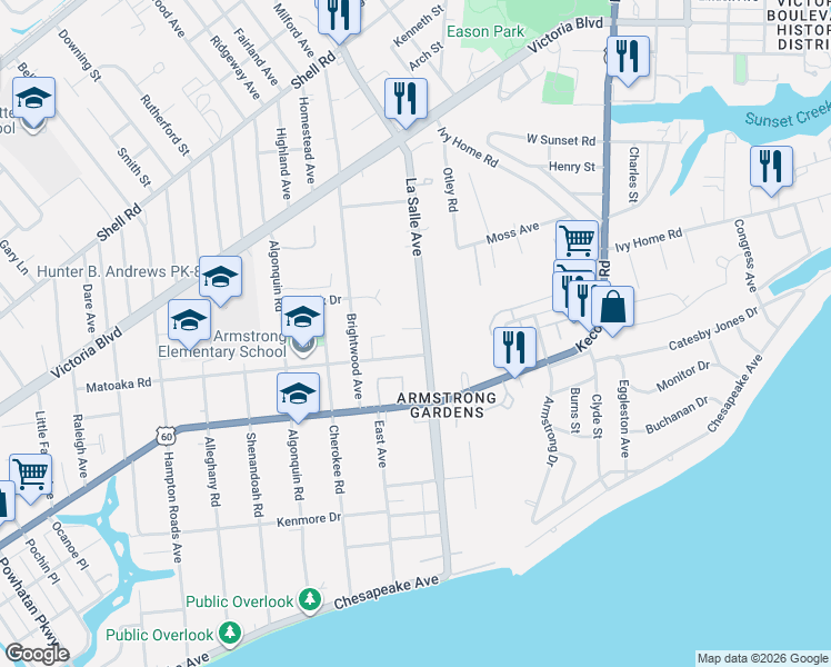 map of restaurants, bars, coffee shops, grocery stores, and more near 279 LaSalle Avenue in Hampton