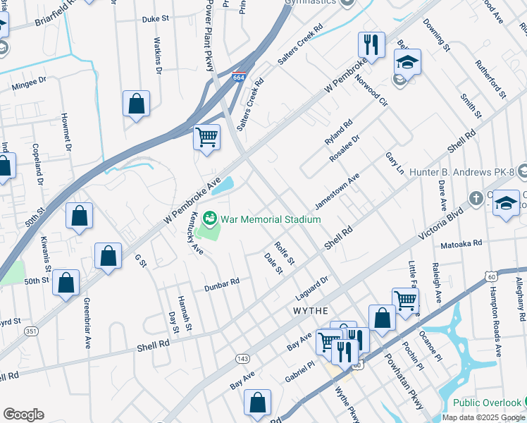 map of restaurants, bars, coffee shops, grocery stores, and more near 817A Pocahontas Place in Hampton