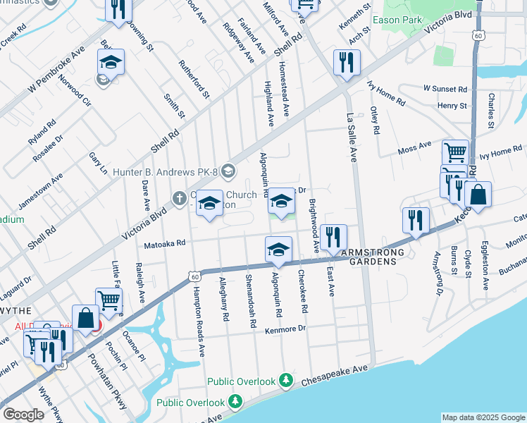 map of restaurants, bars, coffee shops, grocery stores, and more near 331 Algonquin Road in Hampton