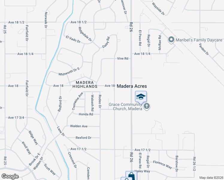 map of restaurants, bars, coffee shops, grocery stores, and more near 18019 Daley Road in Madera