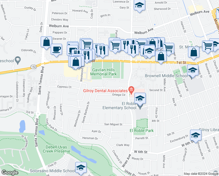 map of restaurants, bars, coffee shops, grocery stores, and more near 985 Montebello Drive in Gilroy