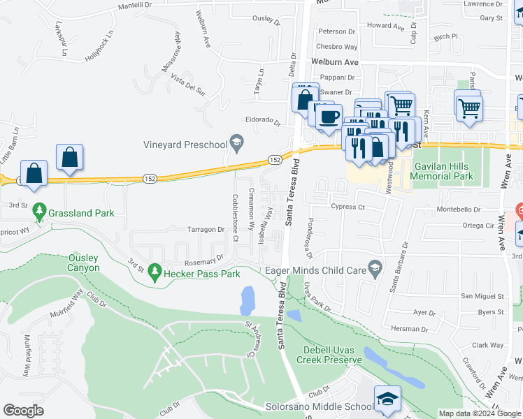 map of restaurants, bars, coffee shops, grocery stores, and more near 7755 Isabella Way in Gilroy
