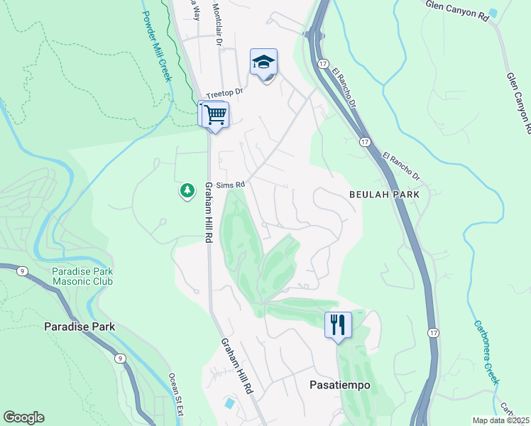 map of restaurants, bars, coffee shops, grocery stores, and more near 102 Pasatiempo Drive in Santa Cruz