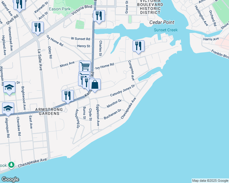map of restaurants, bars, coffee shops, grocery stores, and more near 4021 Catesby Jones Drive in Hampton