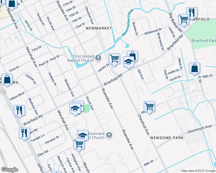 map of restaurants, bars, coffee shops, grocery stores, and more near 1004 Briarfield Rd in Newport News