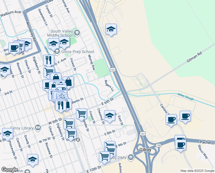 map of restaurants, bars, coffee shops, grocery stores, and more near 561 Hoover Court in Gilroy