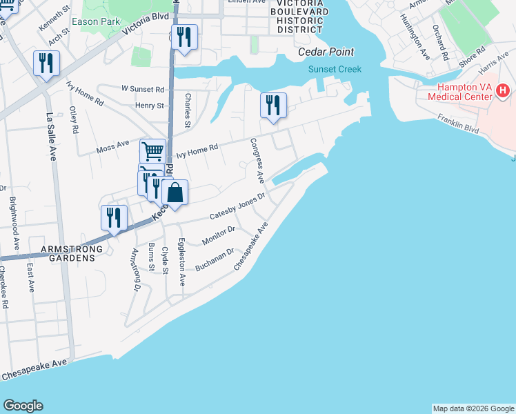 map of restaurants, bars, coffee shops, grocery stores, and more near 103 Congress Avenue in Hampton