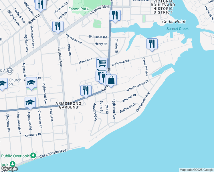 map of restaurants, bars, coffee shops, grocery stores, and more near 3835 Kecoughtan Road in Hampton