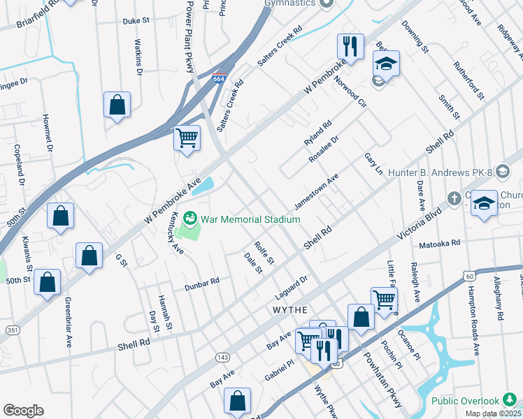 map of restaurants, bars, coffee shops, grocery stores, and more near 739 Powhatan Parkway in Hampton