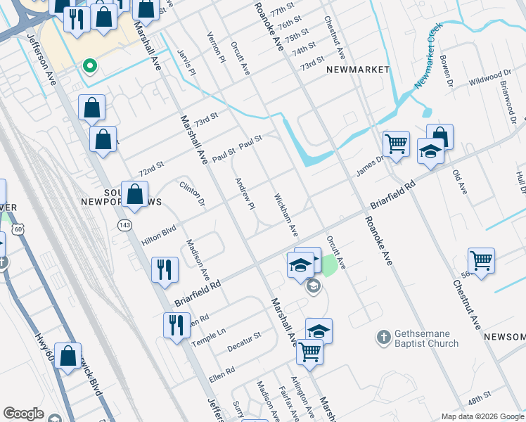 map of restaurants, bars, coffee shops, grocery stores, and more near 5918 Andrew Place in Newport News