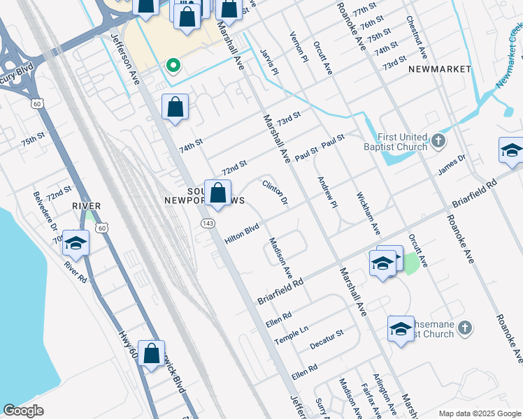 map of restaurants, bars, coffee shops, grocery stores, and more near 5926 Madison Avenue in Newport News