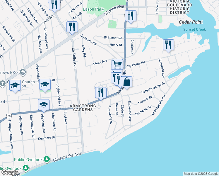 map of restaurants, bars, coffee shops, grocery stores, and more near 208 Armstrong Drive in Hampton