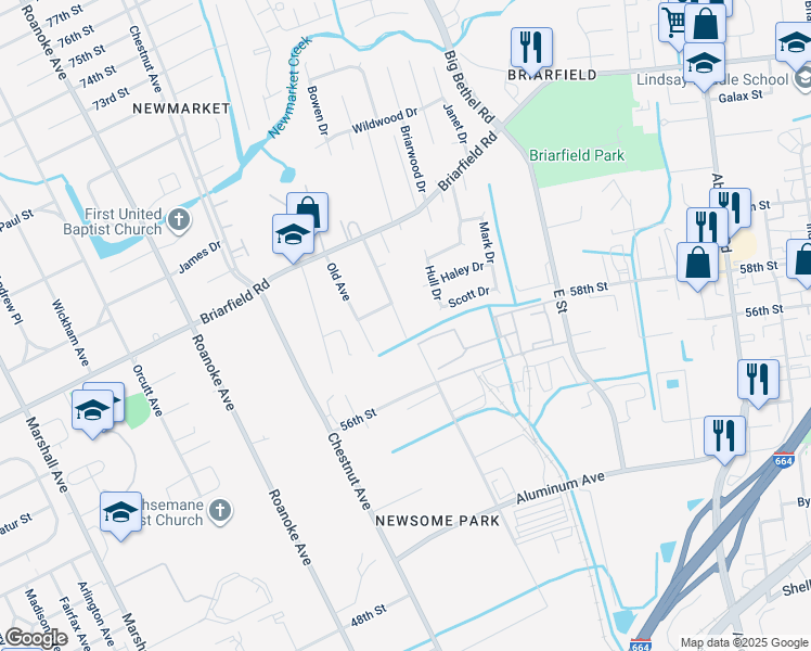 map of restaurants, bars, coffee shops, grocery stores, and more near 5904 Potomac Avenue in Hampton