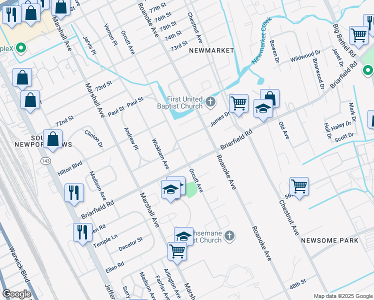 map of restaurants, bars, coffee shops, grocery stores, and more near 5906 Orcutt Avenue in Newport News