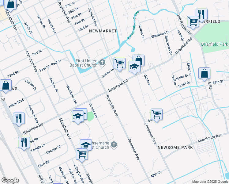 map of restaurants, bars, coffee shops, grocery stores, and more near 1006 Briarfield Road in Newport News