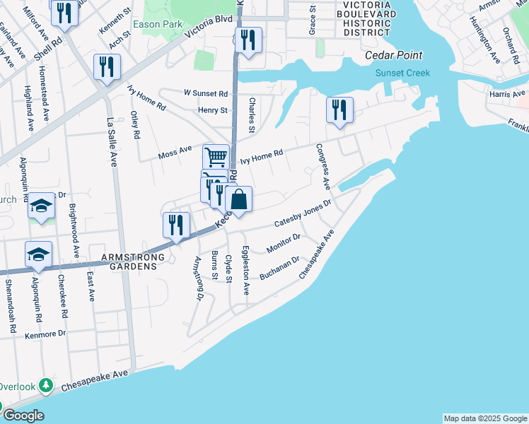 map of restaurants, bars, coffee shops, grocery stores, and more near 27 Regal Way in Hampton