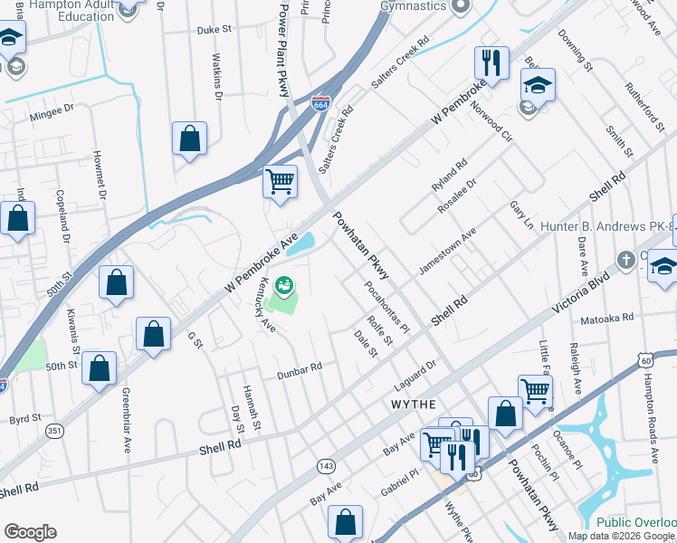 map of restaurants, bars, coffee shops, grocery stores, and more near 817A Pocahontas Place in Hampton