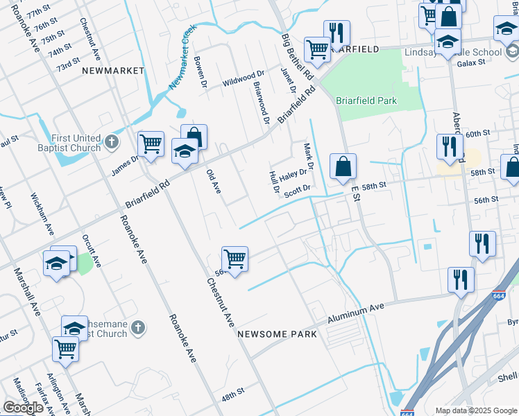 map of restaurants, bars, coffee shops, grocery stores, and more near 5904 Potomac Avenue in Hampton