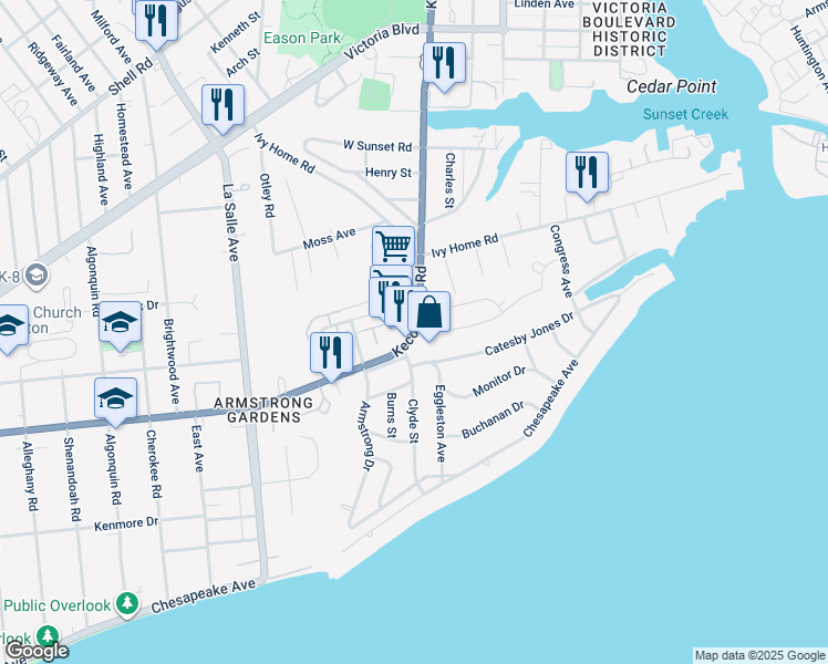 map of restaurants, bars, coffee shops, grocery stores, and more near 3835 Kecoughtan Road in Hampton