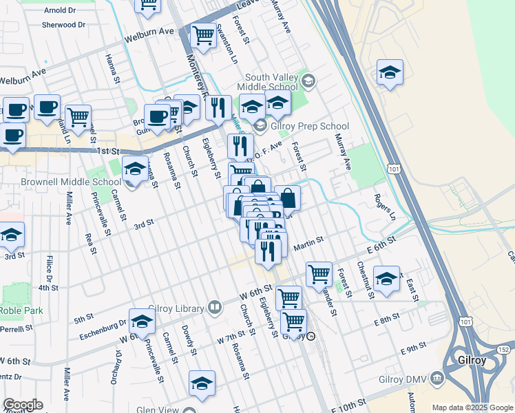 map of restaurants, bars, coffee shops, grocery stores, and more near 7660 Monterey Road in Gilroy