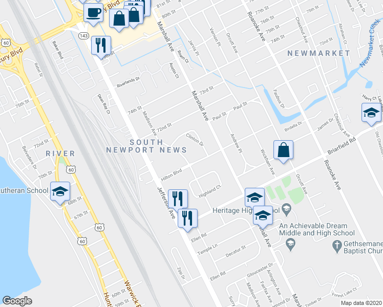 map of restaurants, bars, coffee shops, grocery stores, and more near 5926 Madison Avenue in Newport News