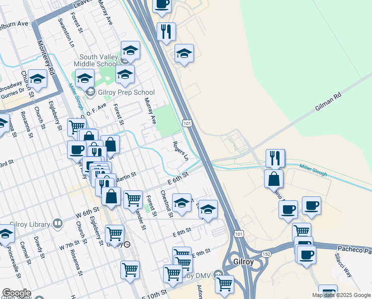 map of restaurants, bars, coffee shops, grocery stores, and more near 7530 Rogers Lane in Gilroy