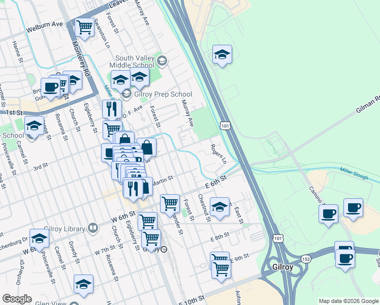 map of restaurants, bars, coffee shops, grocery stores, and more near 410 Lewis Street in Gilroy