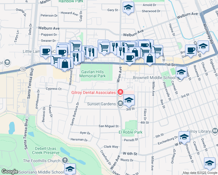map of restaurants, bars, coffee shops, grocery stores, and more near 985 Montebello Drive in Gilroy