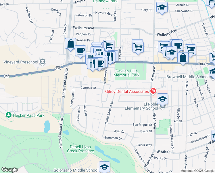 map of restaurants, bars, coffee shops, grocery stores, and more near 1151 Driftwood Terrace in Gilroy