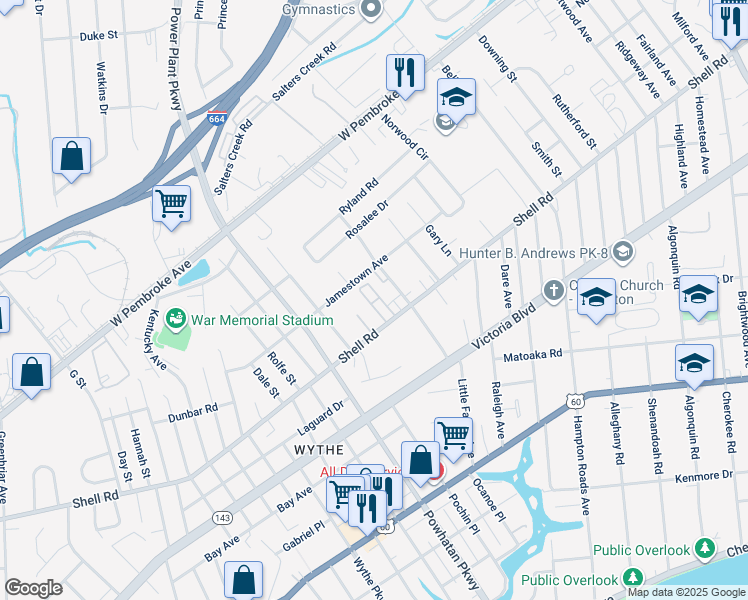 map of restaurants, bars, coffee shops, grocery stores, and more near 2305 Shell Road in Hampton
