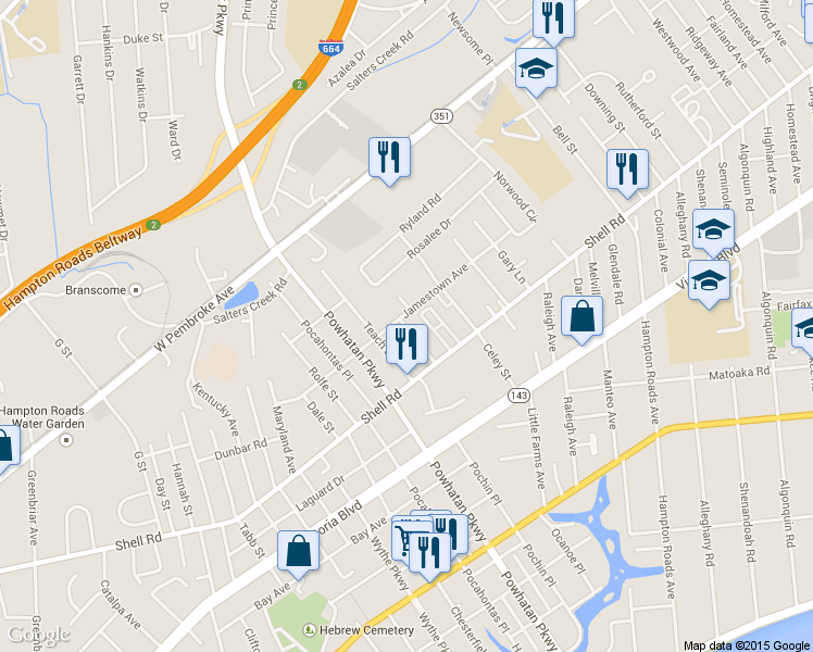 map of restaurants, bars, coffee shops, grocery stores, and more near 701 Bates Street in Hampton