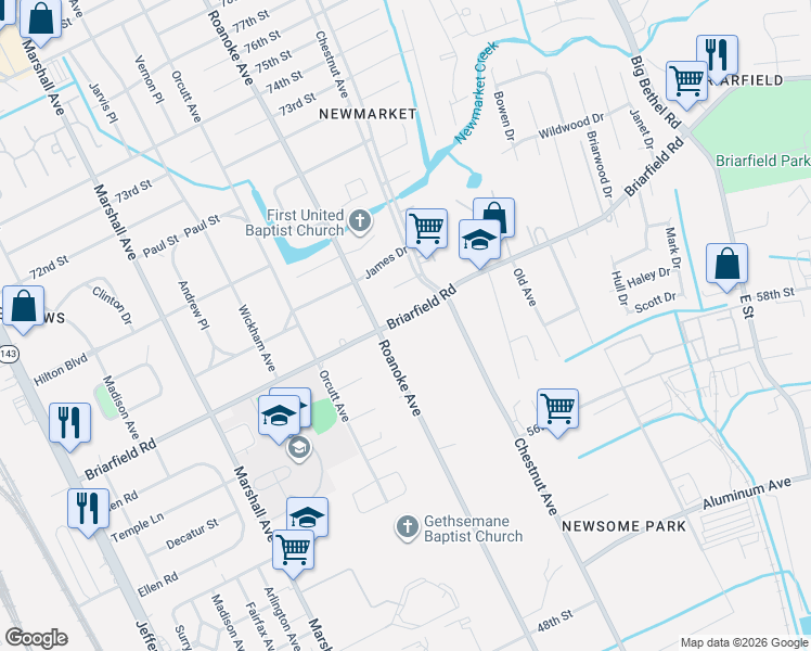 map of restaurants, bars, coffee shops, grocery stores, and more near 1003 Briarfield Road in Newport News