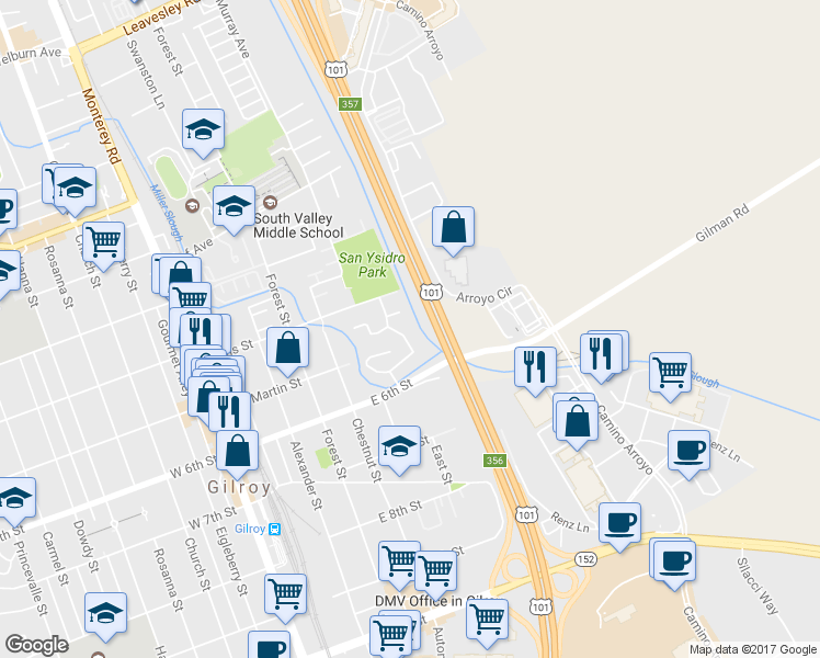 map of restaurants, bars, coffee shops, grocery stores, and more near 7530 Rogers Lane in Gilroy