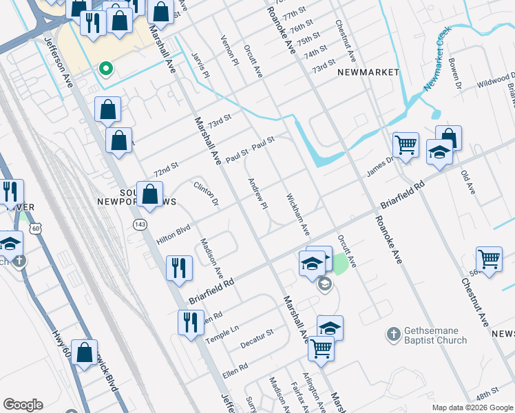 map of restaurants, bars, coffee shops, grocery stores, and more near 5918 Andrew Place in Newport News