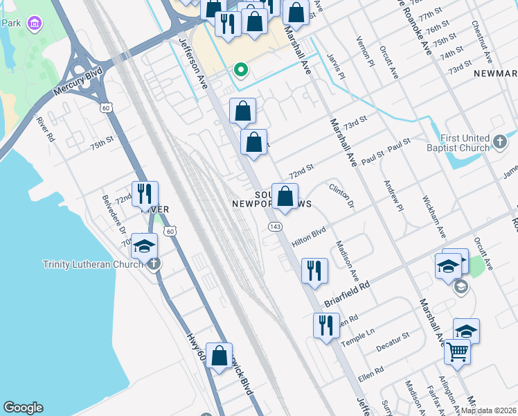 map of restaurants, bars, coffee shops, grocery stores, and more near 5933 Jefferson Avenue in Newport News
