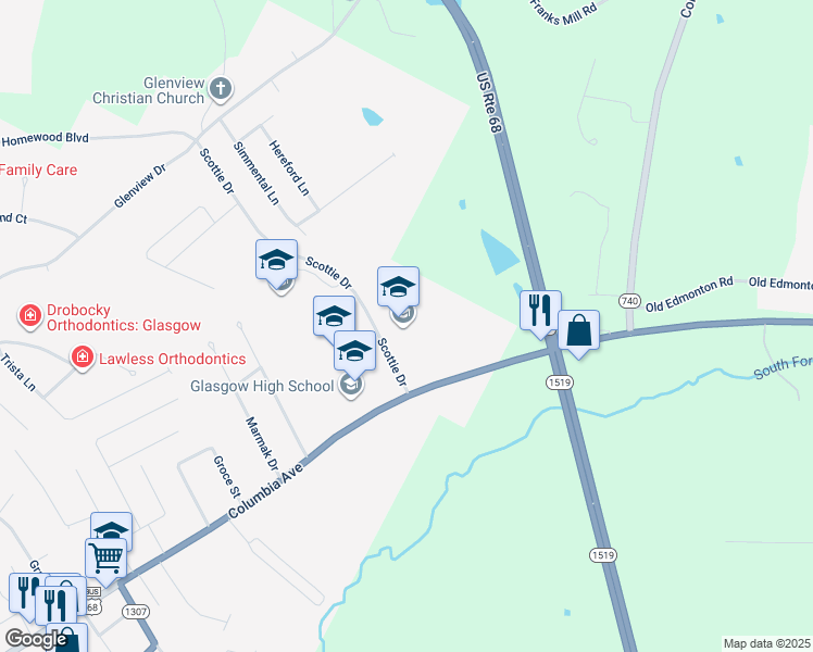map of restaurants, bars, coffee shops, grocery stores, and more near 105 Scottie Drive in Glasgow
