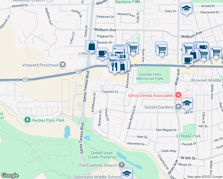 map of restaurants, bars, coffee shops, grocery stores, and more near 1301 Cypress Court in Gilroy