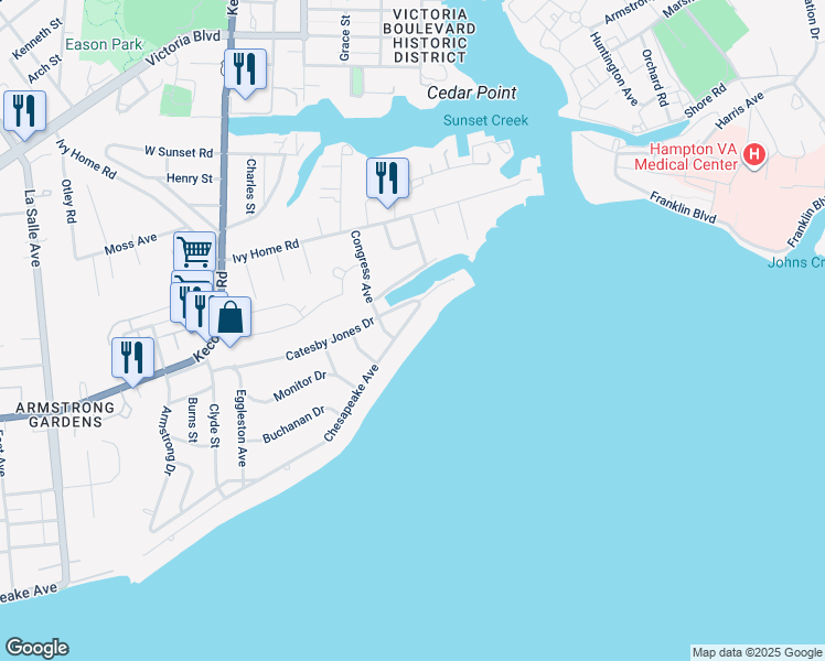 map of restaurants, bars, coffee shops, grocery stores, and more near 4402 Chesapeake Avenue in Hampton