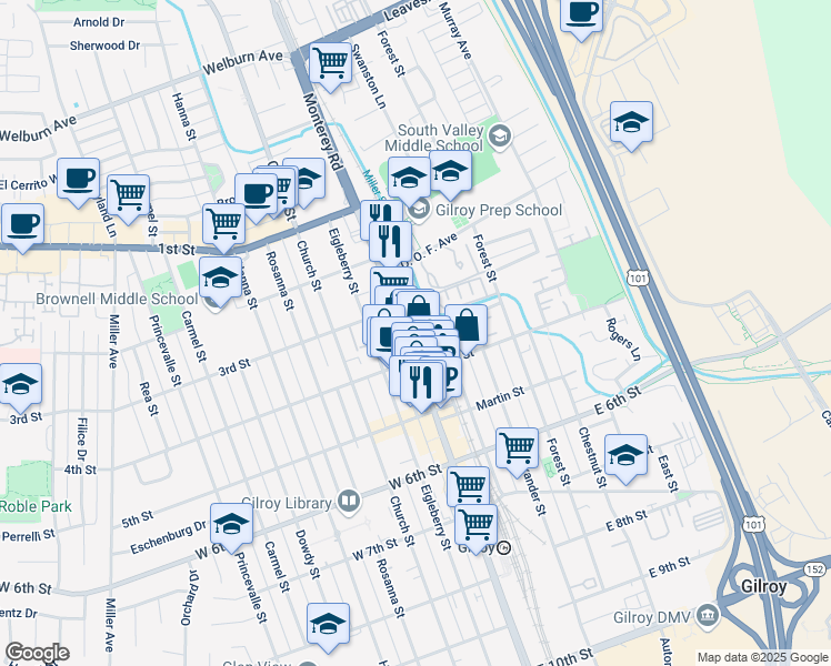 map of restaurants, bars, coffee shops, grocery stores, and more near 7660 Monterey Road in Gilroy