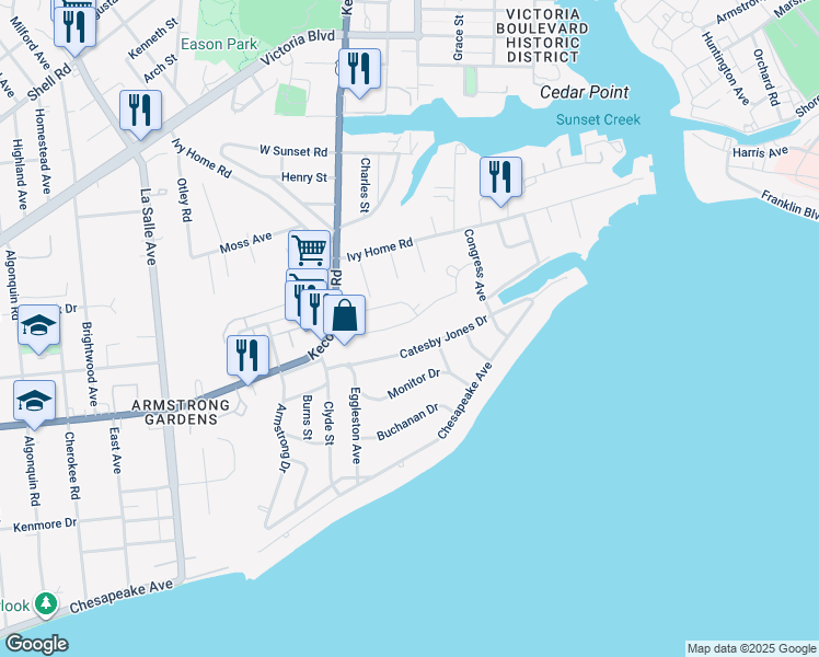 map of restaurants, bars, coffee shops, grocery stores, and more near 17 Regal Way in Hampton